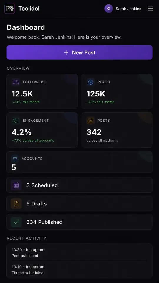 Toolidol dashboard on mobile