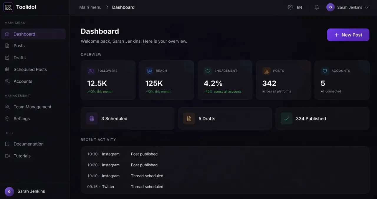 Toolidol workspace: overview, scheduled posts and activity